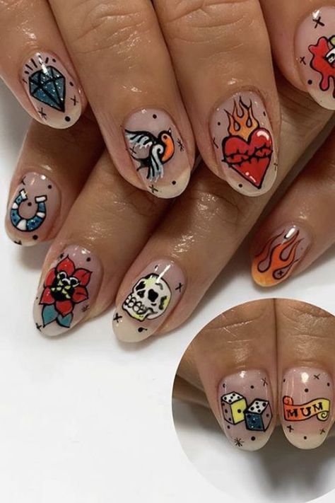 Cute Halloween Nail Ideas, Easy Halloween Nail Art, Detailed Nail Art, Rockabilly Nails, Tattoo Nail Art, Halloween Nail Ideas, Tattoo Nails, Halloween Nail Art Ideas, Halloween Nail Art Easy