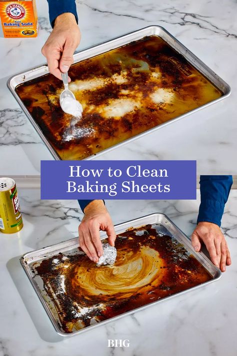 Baking Sheet Cleaning Hack, Remove Burnt Food From Pan, How To Clean Sheet Pans, How To Clean Old Cookie Sheets, Sheet Pan Cleaning Hacks, Baked On Grease Off Pans, Cleaning Baked On Grease On Pans, Clean Sheet Pans, How To Clean Cookie Sheets