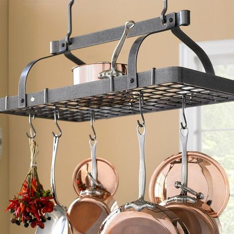 20 Best Home Organization Ideas - Easy Room Organizing Tips Pots And Pans Hanging, Pot Rack Kitchen, Pan Hanger, Kitchen Hooks, Pot Racks, Pot Rack Hanging, Pan Rack, Wrought Iron Decor, Double Dutch