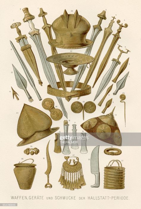 Weapons From Early Iron Age Lithograph 1894 High-Res Vector Graphic - Getty Images Leipzig, Hallstatt Culture, Ancient Tools, Aesthetic Objects, Ancient Celts, Celtic Warriors, Historical Illustration, Celtic Culture, Ancient Warfare