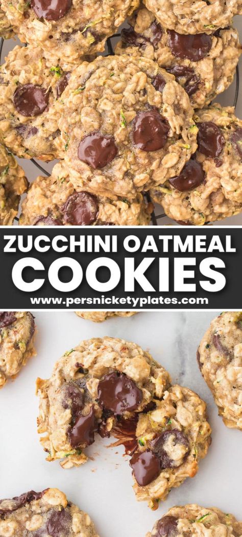 These Zucchini Oatmeal Cookies are soft, chewy, and full of chocolate chips! If you like zucchini bread, you're going to love when grated zucchini is hidden in your cookies. Zucchini Choc Chip Cookies, Best Zucchini Cookies, Zucchini Banana Cookies, Peanut Butter Zucchini Cookies, Shredded Zucchini Recipes Desserts, Zucchini Oatmeal Bread, Zuchinni Cookies, Oatmeal Zucchini, Zucchini Oatmeal Cookies