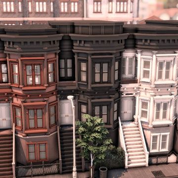 New York Buildings Bloxburg, Brownstone Exterior Nyc, Outside Apartment Building, New England Townhouse, New York Apartments Exterior, Townhouse Bloxburg Ideas, Nyc Brownstone Apartment, New York Brownstone Exterior, Cute Townhouse Exterior