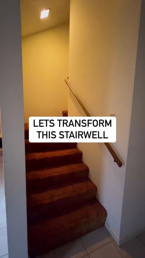 This stairwell transformation was such an improvement for our entryway. #diy #staircase #renovation | She’s the Carpenter | Iniko · Jericho Brighten Stairwell, Dark Stairs Ideas, Dark Narrow Staircase Ideas, Narrow Staircase Design, Stairwell Entryway Ideas, Basement Staircase Wall Ideas, Moving Stairs From Middle Of House, Dark Staircase Ideas Brighten, Open Up Staircase Wall Before And After