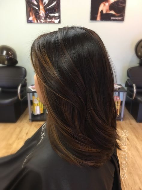 Balayage for dark hair // brown highlights for black hair // Asian - Indian - ethnic hair types // Instagram @samcheevs Best Highlights For Black Hair Short, Balayage For Dark Brown Hair Straight Medium, Black To Brown Balayage Short, Dark Brown Ombre Hair Medium, Highlits For Black Hair, Hair Highlights For Black Hair Short, Black Short Hair With Highlights, Short Hair Lowlights, Lowlights For Black Hair