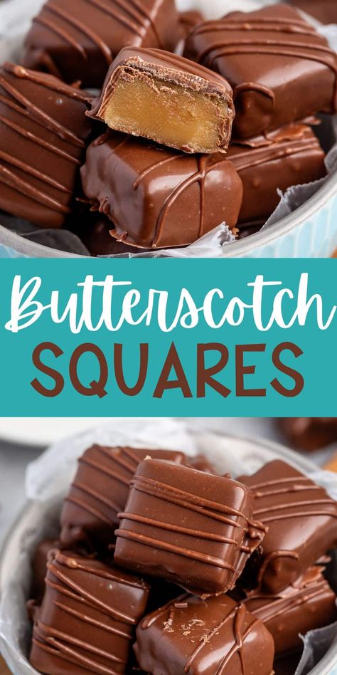 Butterscotch Squares are a soft brown sugar candy dipped in chocolate. It's a cross between butterscotch and penuche - such a delicious See's copycat recipe. Sees Butterscotch Squares Recipe, Sees Candy Butterscotch Squares, See’s Candy Copycat Recipes, Copycat Sees Candy Recipes, Sees Candy Recipes, Simple Candy Recipes, Fall Candy Recipes, Butterscotch Chips Recipes, Sees Candy Recipes Copycat