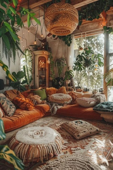 Boho Florida Room, Hippy Boho Room, Boho Living Rooms Ideas, Boho Hangout Room Ideas, Loft Sofa Ideas, Bohemian House Decor Living Room, Boho Chic Studio Apartment, Bright And Cozy Living Room, Boho Sofa Ideas