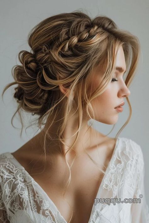 wedding-hairstyles-2024-225 Wedding Dresses Hairstyles, Messy Fishtail Braid Wedding, Wedding Hair Updo With Pearls, Braided Hairstyles For Brides, Braided Updo For Wedding, Wedding Braid Hairstyles Half Up, Hair Styles For Maid Of Honor, Bridesmaid Hairstyles Messy Bun, Updo Bridal Hair With Veil