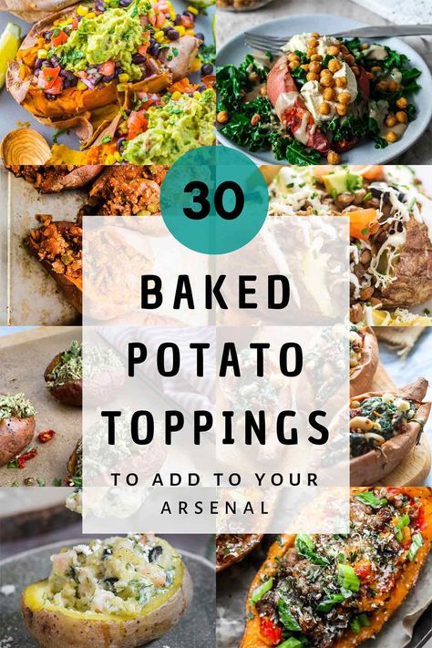 Loaded Baked Potato Food Truck, Loaded Veggie Potato, Baked Potato Recipes Stuffed Healthy, Baked Potatoes With Toppings, Baked Sweet Potatoes Toppings, Bake Potato Toppings, Baked Potato Vegetarian Toppings, Baked Potato Entree, Potato Spuds Recipes