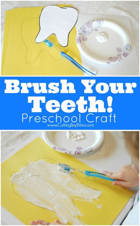 Dental Health Preschool Craft-- Brush Your Teeth!  Fun process art activity to use during a dentist or tooth theme week. Tooth Preschool, Dental Health Preschool Crafts, Health Preschool, Dental Health Week, Dental Health Preschool, Dental Health Activities, Sikat Gigi, Dental Health Month, Brush Your Teeth