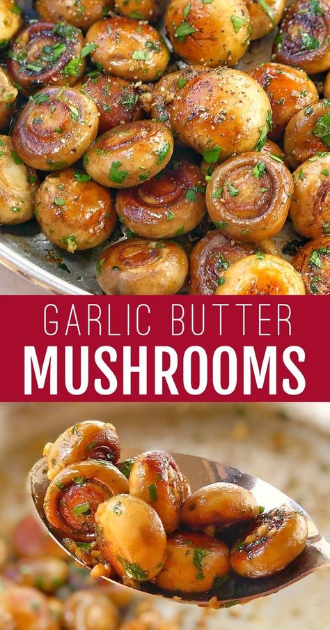 Garlic Butter Mushrooms - plump, juicy mushrooms sauteed in plenty of garlic and butter then finished off with parsley and a squeeze of lemon. These super easy garlic butter mushrooms are both keto and low carb, and make a perfect side dish families will love! #chefnotrequired #buttermushrooms #lowcarbfood #keto #garlicmushrooms Carb Free Snacks, Mushrooms Sauteed, Apple Fries, Easy Garlic Butter, Butter Mushrooms, Steak Sides, Mushroom Side Dishes, Low Carb Cupcakes, Low Carb Desserts Easy