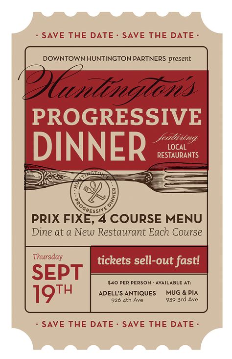 Progressive Dinner Poster by Trish Ward #Design #Ticket #SaveTheDate Modular Grid, Progressive Dinner, Visuell Identitet, ポップアート ポスター, Readers Theater, Ticket Design, Event Poster Design, Event Experience, 카드 디자인