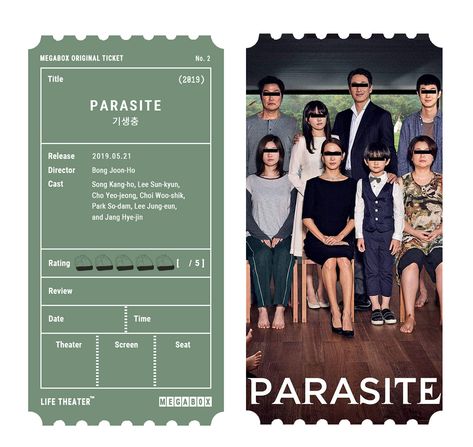 Cinema Ticket Design, Movie Ticket Design, Parasite Movie, Cho Yeo-jeong, Park So Dam, Cinema Design, Choi Woo-shik, Song Kang Ho, Movie Ticket