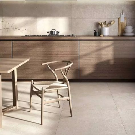 Porcelain Tile Floor Beige, Matte Tiles Kitchen, Outside Inside Living, Beige Floor Tile Kitchen, Neutral Contemporary Kitchen, Japandi Floor Tiles, Beige Ceramic Tiles Texture, Large Tiles Kitchen, Kitchen Beige Tiles