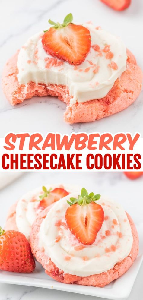 Essen, Strawberry Cheesecake Cookies, Cheesecake Cookies Recipes, Homemade Cream Cheese Frosting, Strawberry Cake Mix Cookies, Crumble Cookie Recipe, Homemade Cream Cheese, Fresh Strawberry Recipes, Strawberry Cake Mix