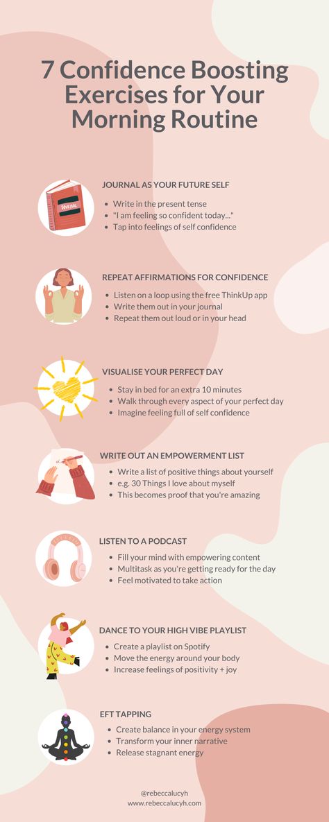 Become more confident in yourself when you work on your mindset each morning. Try these 7 exercises for increasing confidence and self esteem. Improve productivity by putting yourself first and learning how to build more confidence. Self improvement tips for entrepreneurs. Personal development ideas to help you be confident in yourself everyday. It's time for you to achieve goals and have success in your business. How To Get Confidence, How To Have Confidence, How To Become Confident, Tips For Entrepreneurs, Self Esteem Activities, Improve Self Confidence, Improve Confidence, Building Self Confidence, Be Confident In Yourself