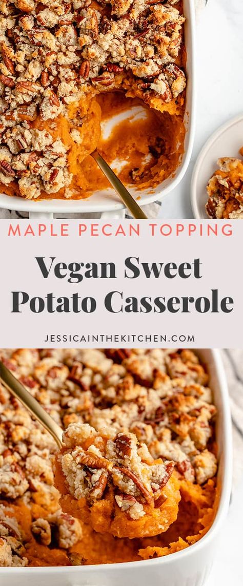 Vegan Sweet Potato Recipes, Vegan Sweet Potato Casserole, Candied Pecan, Sweet Potato Thanksgiving, Sweet Potato Souffle, Gluten Free Sweet Potato, Vegan Casserole, Pecan Topping, Starch Solution