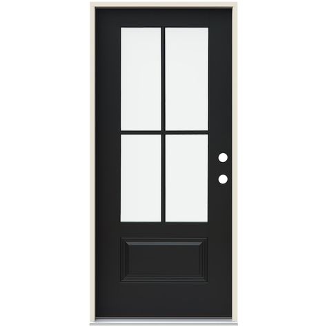 JELD-WEN 36-in x 80-in Fiberglass 3/4 Lite Left-Hand Inswing Black Painted Prehung Single Front Door with Brickmould Insulating Core in the Front Doors department at Lowes.com Jeld Wen Doors, Wood Front Entry Doors, Front Entry Door, Black Front Doors, Glass Hinges, Fiberglass Door, Front Entry Doors, House Exteriors, Glass Front Door