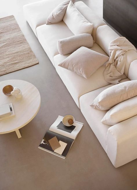 Contemporary Nordic living room with beige sofa, earthy tones and jute rug | Sot minimalism from Tine K Home's latest collection | These Four Walls blog Linen Corner Sofa, Modular Sofa Design, Soft Minimalism, Soft Furniture, Pile Of Books, Modul Sofa, Flexible Seating, Grand Designs, Minimalist Interior