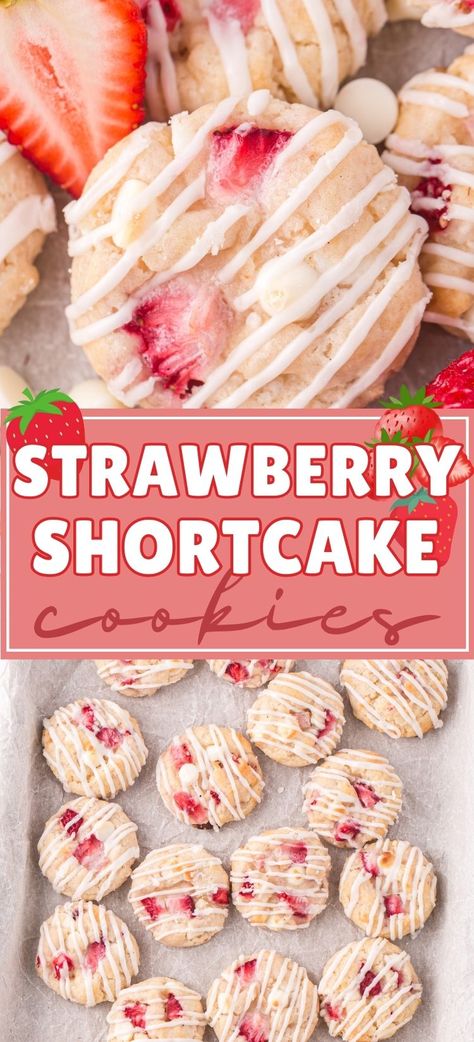 These Strawberry Shortcake Cookies are buttery, biscuit-like cookies packed with chunks of fresh strawberries and topped with a sweet glaze. reminiscent of the classic strawberry shortcake dessert, but in a cookie! Pie, What To Bake With Strawberries, Strawberry Shortcake Cookie Recipe, Health Sweet Treats, Strawberry And Lemon Cookies, Yummy Strawberry Desserts, Cookies With Berries, Not Too Sweet Dessert Recipes, Strawberry Shortcake Crumble Cookies