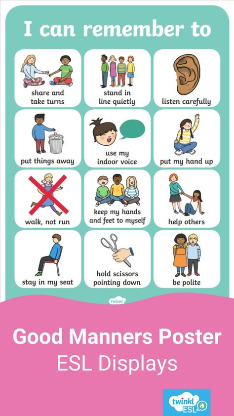 Fantastic display poster to help ESL and EFL students learn about good classroom manners. Good Manners Chart For Preschool, Good Manners Poster, Manners Preschool, Manners Chart, Manners Activities, Good Habits For Kids, English Classroom Decor, Manners For Kids, Kindergarten Anchor Charts