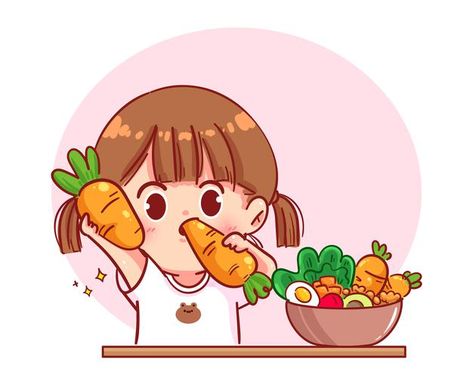 Cute girl eat salad vegetable fruits car... | Premium Vector #Freepik #vector #food #green #girl #character Croquis, Fruits Cartoon, Cartoons Eating, Cartoon Art Illustration, Vegetable Drawing, Vegetable Cartoon, Chibi Food, Vegetable Illustration, Fruit Cartoon