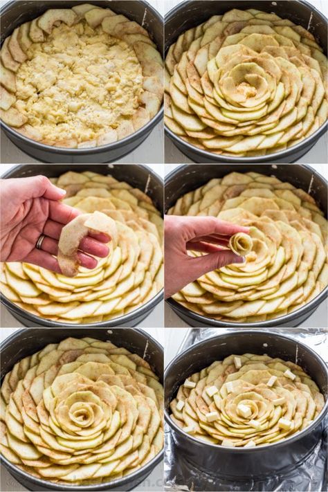 This Apple Tart is a looker! It's crowned with a beautiful rose pattern of sliced apples (and it's easier than you think!). The juices from the cinnamon-sugar coated apple slices, bake into the buttery soft crust. This apple rose tart is lightly sweet and completely irresistible. | natashaskitchen.com Apple Rose Tarte Tatin, Rose Apple Tart Recipe, Rose Apple Tart, Apple Rose Pie, Rose Tart, Apple Rose Tart, Apple Pie Crust, Apple Tart Recipe, Tartlets Recipe