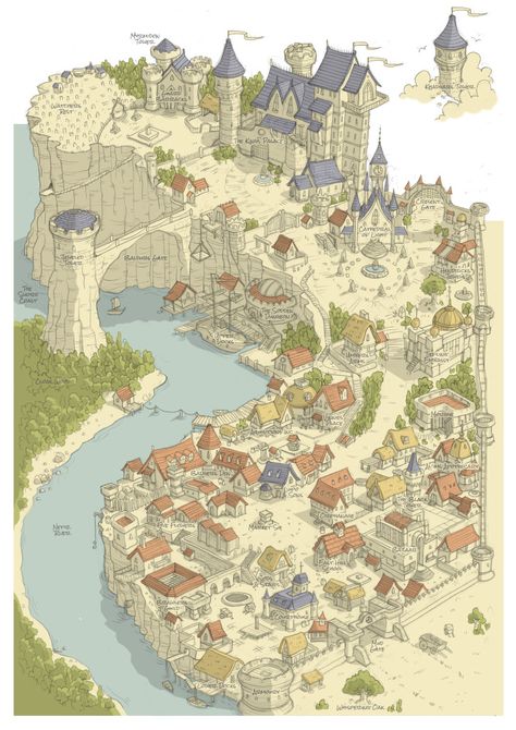 Baldur's Gate isometric perspective Fantasy Town Layout, Cliffside Town Fantasy Art, Viking Town Art, Lake Castle Fantasy Art, River Village Concept Art, Lake Town Concept Art, Castle Wall Concept Art, Fantasy City Layout, Medieval Village Illustration