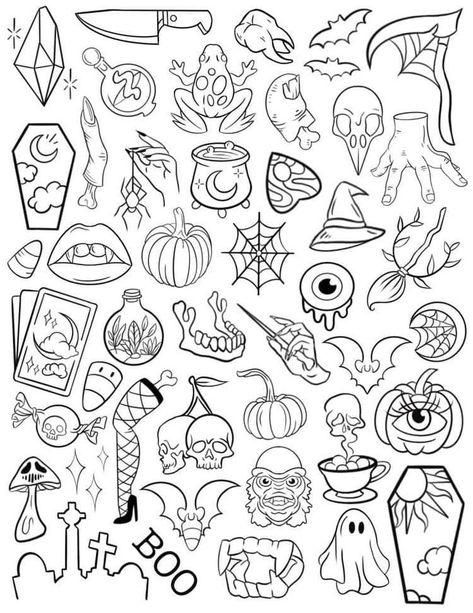 Thackery Binx Tattoo, Simple Tattoo Flash Sheet, Traditional Insect Tattoo, Flash Art Tattoo Simple, Small Goth Tattoo, Small Creepy Tattoos, 90s Flash Tattoo, Witch Tattoo Flash, Witchy Flash Tattoo