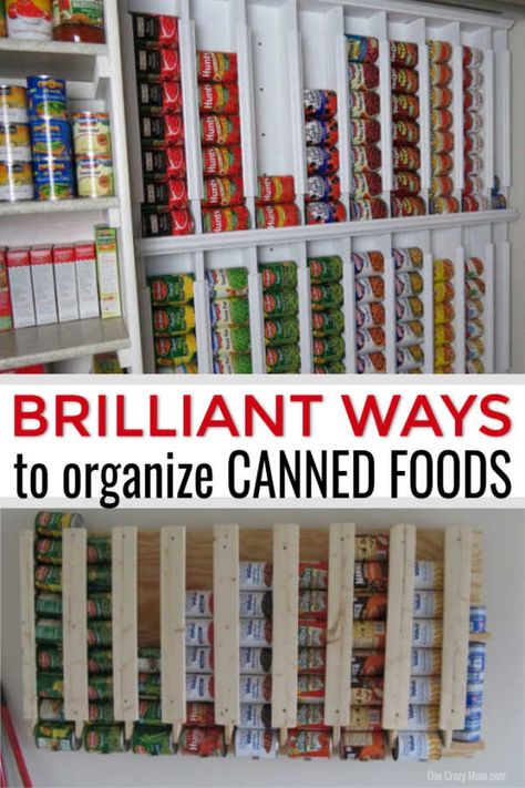 Learn how to organize canned food with these easy canned food storage ideas. Over 15 canned food storage hacks that will get your pantry in order. Organisation, Can Good Storage Ideas, Canned Food Storage Ideas, Food Storage Hacks, Canned Good Storage, Food Storage Ideas, Food Storage Rooms, Food Storage Shelves, Diy Storage Rack