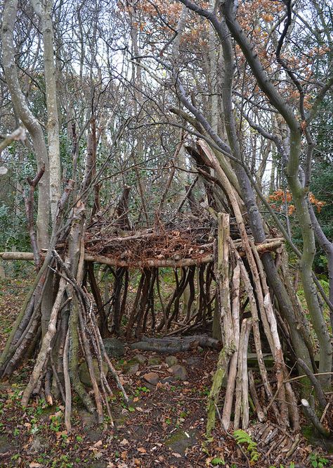 A simple handmade place for quiet in the woods. Woods Hangout Spot, Shelter In The Woods, Shelters In The Woods, Fort Ideas, Outdoor Forts, Backyard Fort, Bushcraft Shelter, Camping Shelters, Tree Fort