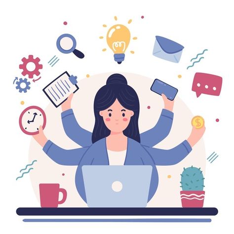 Woman working multitask activities | Free Vector #Freepik #freevector #woman #character #hand-drawn #flat Rights And Responsibilities, Woman Working, Woman Illustration, Free Graphics, Working Woman, Flat Illustration, Multi Tasking, Illustration Character Design, Young Man