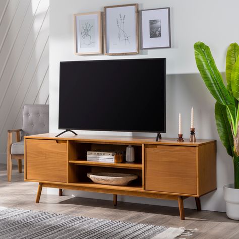 Looking for a stylish and functional TV console that can accommodate most flat panel TVs up to 80 inches? Look no further than this 70-inch TV Console with mid-century design. Functional Tv Console, Mid Century Tv Console, Midcentury Tv Stand, Mid Century Tv, Wood Tv Console, Wood Tv Stand, Solid Wood Tv Stand, Tv Stand Console, Wood Tv