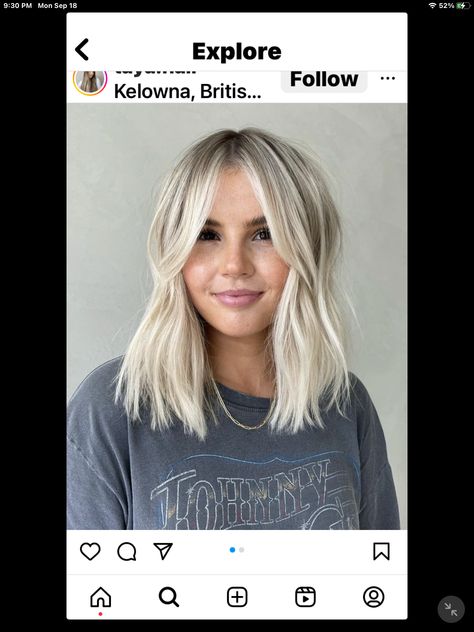 Long Bob Hairstyles Blonde Balayage, Highlights For Blonde Hair Short, Short Blonde Middle Part, Blonde Medium Length Hair Curtain Bangs, Above Shoulder Length Hair Blonde, Summer Blonde Medium Length Hair, Hunter Premo Hair, Lob Bridesmaid Hairstyle, Keaton Oaks Hair