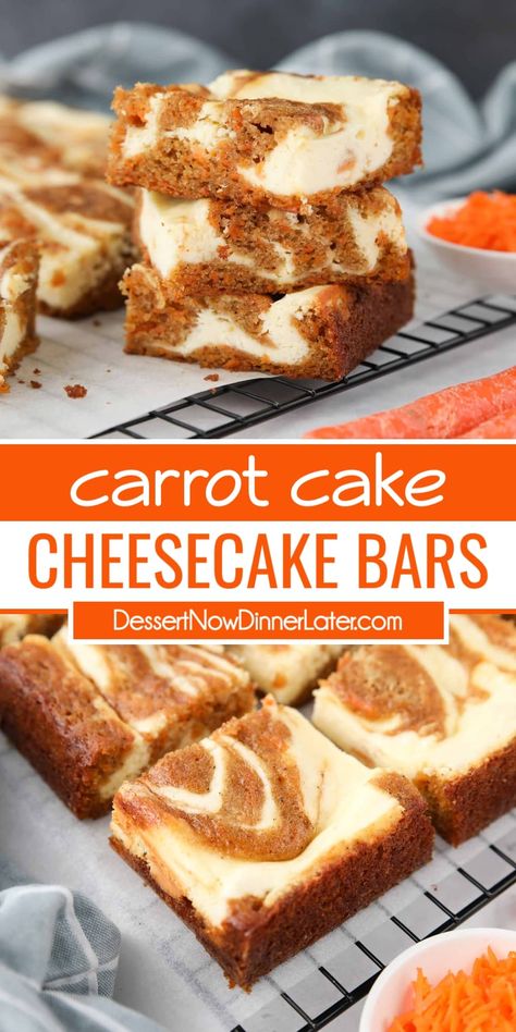 Carrot Cake Cheesecake Bars combine a simple spiced carrot cake with a creamy vanilla cheesecake. The two batters are swirled together to make the most delicious and beautiful marbled carrot cake blondies. Carrot Cake Cheesecake Bars, Carrot Cake Bars Recipe, Best Carrot Cake Ever, Carrot Cake Dessert, Spiced Carrot Cake, Carrot Desserts, Bars Dessert, Cake Bars Recipe, Carrot Cake Bars