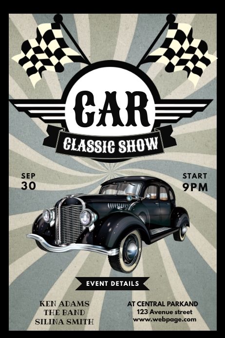 Customize this design with your video, photos and text. Easy to use online tools with thousands of stock photos, clipart and effects. Free downloads, great for printing and sharing online. Poster. Tags: car advertisement, car show advertisement, car show classic model, vintage car show, vintage car show event, custom posters, free poster templates, poster design, poster template free, poster templates, Event Flyers, Cars , Car Vintage Car Posters, Car Advertisement, Poster Template Free, Online Poster, Car Poster, Event Flyers, Car Advertising, Free Cars, Poster Templates