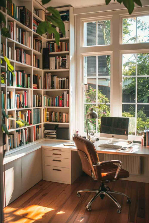 50+ Inspiring Office Built-In Ideas for Your Home Workspace Bookshelf In Front Of Window, Home Office Books, Nerdy Home Office, Desk In Bookshelf, Office Desk In Front Of Window, Home Office Window Desk, Home Office Room Layout, Study And Guest Room Ideas, Small Offices At Home