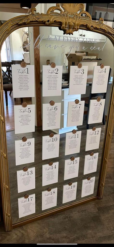 Wedding Table Numbers Board, Sesting Chart Mirror, Guest Sitting Chart Wedding, Mirror With Table Numbers, Table Numbers Wedding Chart, Wedding Seats Sign, Guest List Wedding Seating Charts Table Numbers, Mirror Wedding Table Plan, Wedding Seating Arrangement Ideas