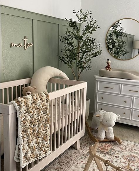 White Nursery Furniture Boy, Grey Tan Green Nursery, Green Grey And Beige Nursery, Nursery Ideas Neutral Sage Green, White Furniture Boy Nursery, Sage And Wood Nursery, Cream And Sage Nursery, Small Nursery Inspiration, Baby Boy Sage Green Nursery