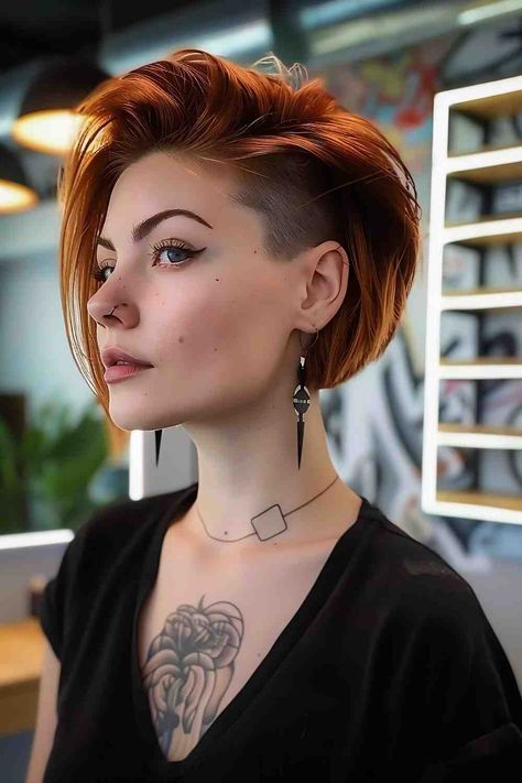 The Best Bob Haircuts & Hairstyles of 2024 Short Hair Funky Styles, Fun Womens Haircuts, Brown And Red Short Hair, Pixie Hairstyle Women Fine Hair, Undercut For Fine Hair, Masculine Bob Haircut, Mid Length Undercut, Long Top Pixie Haircut, Pixie With Undercut Fine Hair