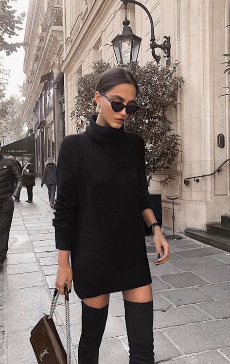 black turtleneck sweater dress with over the knee boots. Visit Daily Dress Me at dailydressme.com for more inspiration women's fashion 2018, fall fashion, winter fashion, thigh high boots, over the knee boots,mini dresses, midi dresses, sweaters, casual outfits, street style Svarta Outfits, Alledaagse Outfits, Populaire Outfits, Bohemian Mode, 여름 스타일, Ținută Casual, Looks Street Style, Looks Black, Outfits Invierno