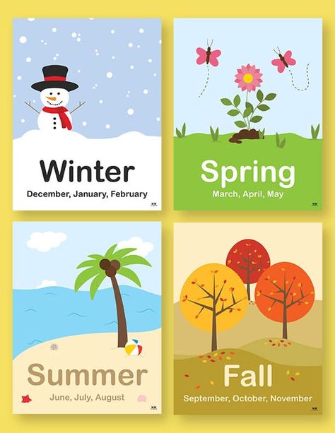 Seasons Chart Preschool Free Printable, Season Printables Preschool, Season Posters Preschool, Four Seasons For Kids Learning, Seasons Posters Classroom, The Four Seasons Worksheets, Four Seasons Preschool Activities, Season Activity For Preschool, Months Name Chart For Kids