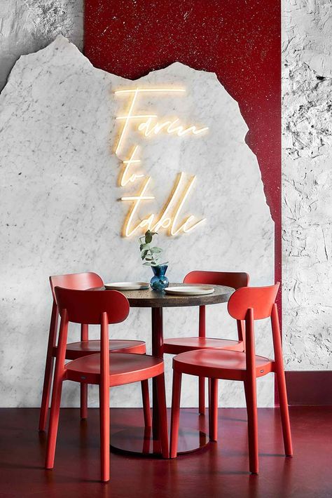 Red Cement Floor, Cafe Chairs And Tables, Red Restaurant, Red Chairs, Marble Tables Design, 카페 인테리어 디자인, Contemporary Furniture Design, Restaurant Tables, Cafe Tables