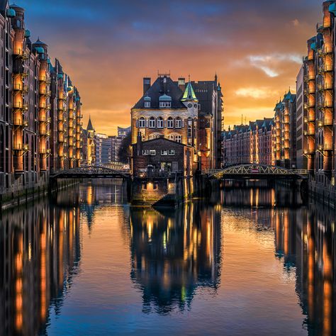 Sunset in the famous Speicherstadt in Hamburg, Germany Germany Travel, Hamburg Germany Travel, Europe Bucket List, Senior Trip, Hamburg Germany, Near Future, Western Europe, Famous Places, Places Around The World