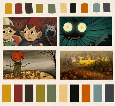 Autumn Color Palette Room, Colour Palette Character Design, Over The Garden Wall Palette, Color Palette For Animation, Color Pallets Illustration, Animation Colour Palette, Color Pallet Character Design, Character Design Palette, Movie Color Palettes