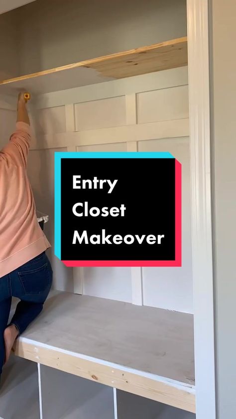 Coat Closets Entryway, Closet Turned To Bench, Closet Into Mudroom Diy, Repurpose Entryway Closet, Organized Entry Closet, Transform Closet Into Mudroom, Hallway Closet Into Mudroom, Coat Closet Designs Entryway, Hallway Closet Design Layout