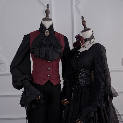 ZJ Story -The Kindred- Ouji Lolita Vest Vampirecore Clothes, Ouji Aesthetic, Dark Clothes Aesthetic, Vampire Outfit Aesthetic, Vampirecore Outfits, Vampire Aesthetic Outfit, Gothic Royalty, Old Style Fashion, Masquerade Outfits