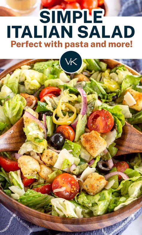 This Simple Italian Salad is loaded with olives, pepperoncini, red onion, and cherry tomatoes and tossed with a zesty Italian dressing. This easy side dish salad takes just minutes to make and is perfect to serve with pasta or a wide variety of meals. Simple Italian Salad, Side Dish Salad, Italian Salad Recipes, Zesty Italian Dressing, Salads To Go, Salad Easy, Croutons Homemade, Easy Side Dish, Italian Salad