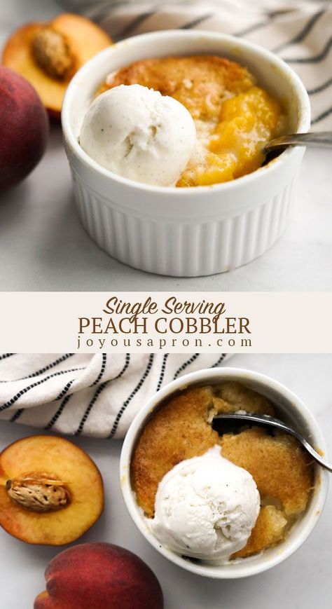 Single Serving Peach Cobbler - the perfect individual dessert for the summer! Peaches baked with a caramelized cake topping combined with vanilla ice cream. Yummy, easy and portion control! #dessert #peach #sweets #summer #cobbler #fruit #recipe #joyousapron Thermomix, Summer Cobbler, Peaches Baked, Mini Peach Cobbler, Ramekin Dessert, Mug Dessert Recipes, Joyous Apron, Mini Deserts, Ramekin Recipe