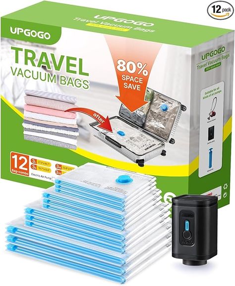 Amazon.com: UPGOGO Combo 12 Pack Travel Vacuum Bags with Prtable Electric Pump,Vacuum Seal Bags for Clothing,Space Saver Vacuum Storage Bags,Vacuum Travel Bags for Luggage,Travel Essentials : Home & Kitchen Travel Items, Bags For Travel, Vacuum Storage Bags, Vacuum Storage, Vacuum Bags, Space Saver, Luggage Travel, Air Pump, Storage Bags