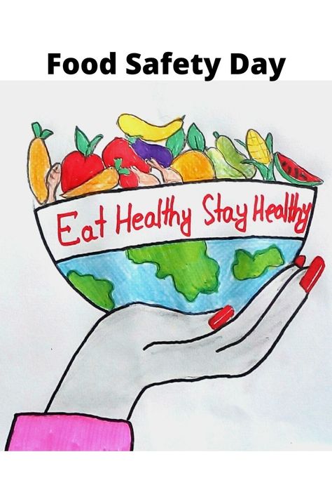 World Food Safety Day Poster Nutrition Day Poster Ideas, Essen, World Food Safety Day Poster Drawing, Healthy Food Drawing Art, World Food Day Poster Drawing, Eat Healthy Stay Healthy Poster Drawing, You Are What You Eat Poster, Health And Hygiene Posters Drawing, You Are What You Eat Art